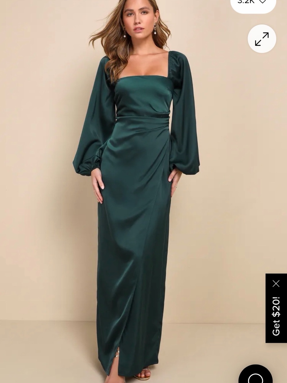 Lulu's Emerald Satin Maxi Dress with Square Neck sz4